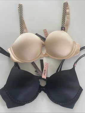NWT Very Sexy Victoria's Secret Beige and Black Rhinestone Bra Duo 34 B